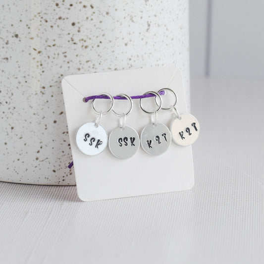 Set of 4 Hand Stamped Stitch Markers - SSK and K2TOG