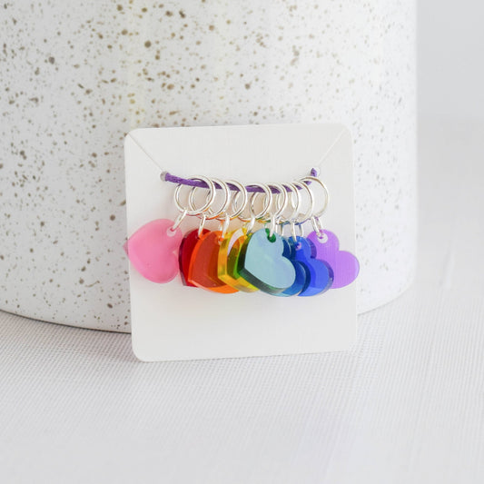 Set of 8 Acrylic Stitch Markers - Rainbow Hearts