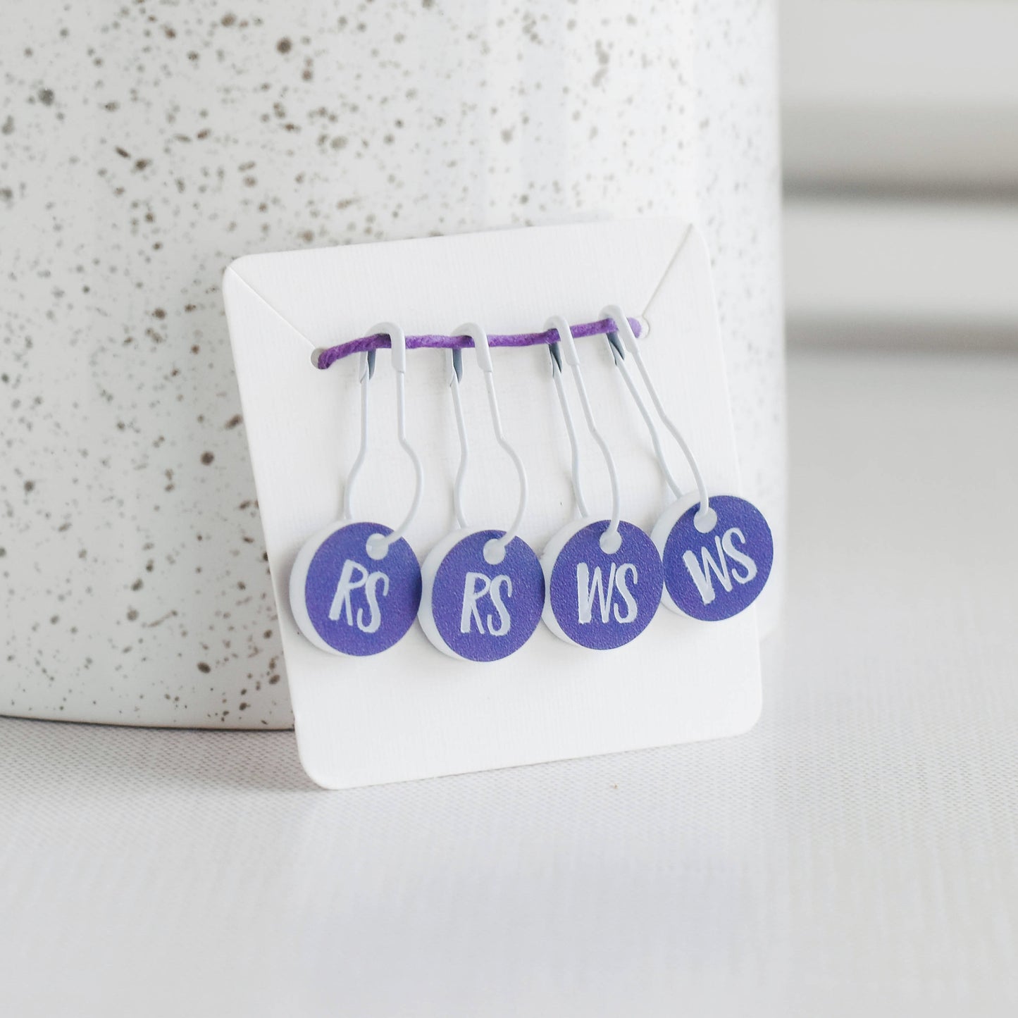 Set of 4 Laser Engraved Removable Stitch Markers - RS and WS - Purple