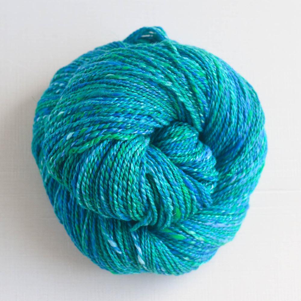 Handspun yarn, merino and silk, DK weight teal and grey top two ply