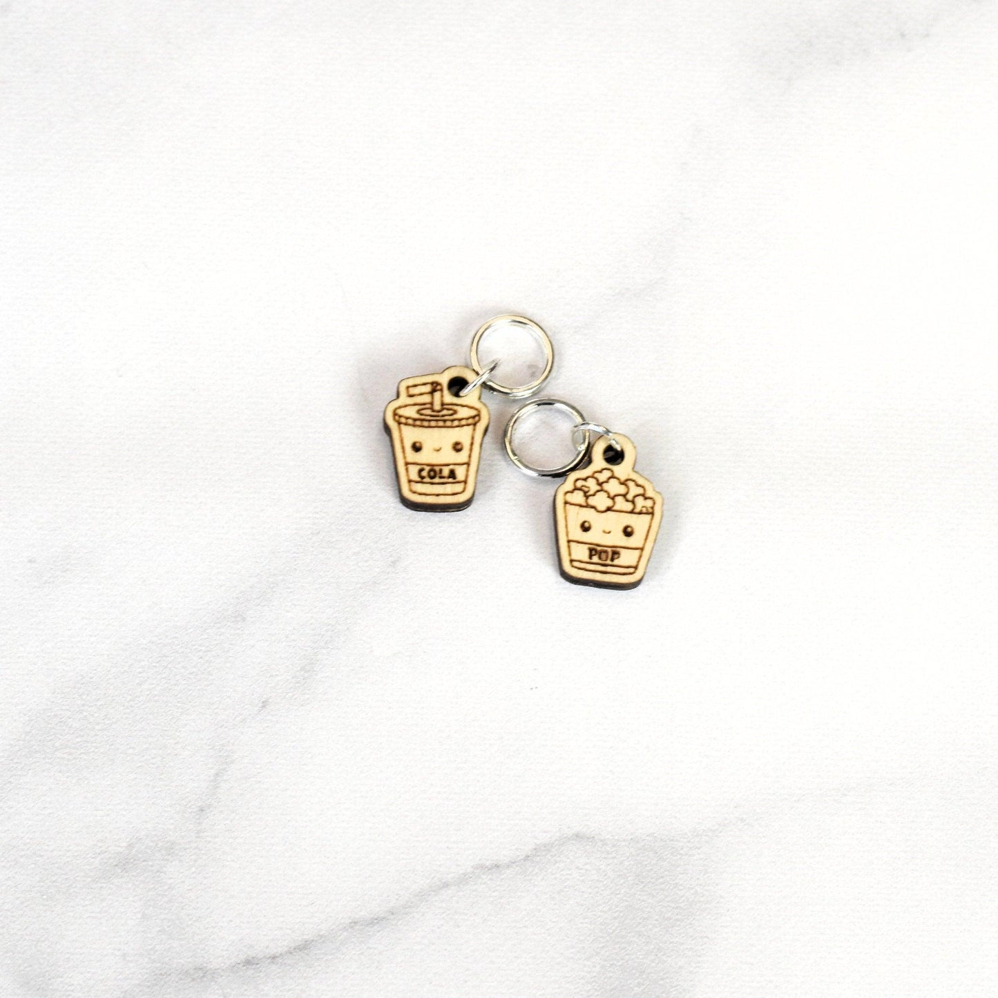 Set of 2 Laser Engraved Stitch Markers - Kawaii Popcorn and Soda