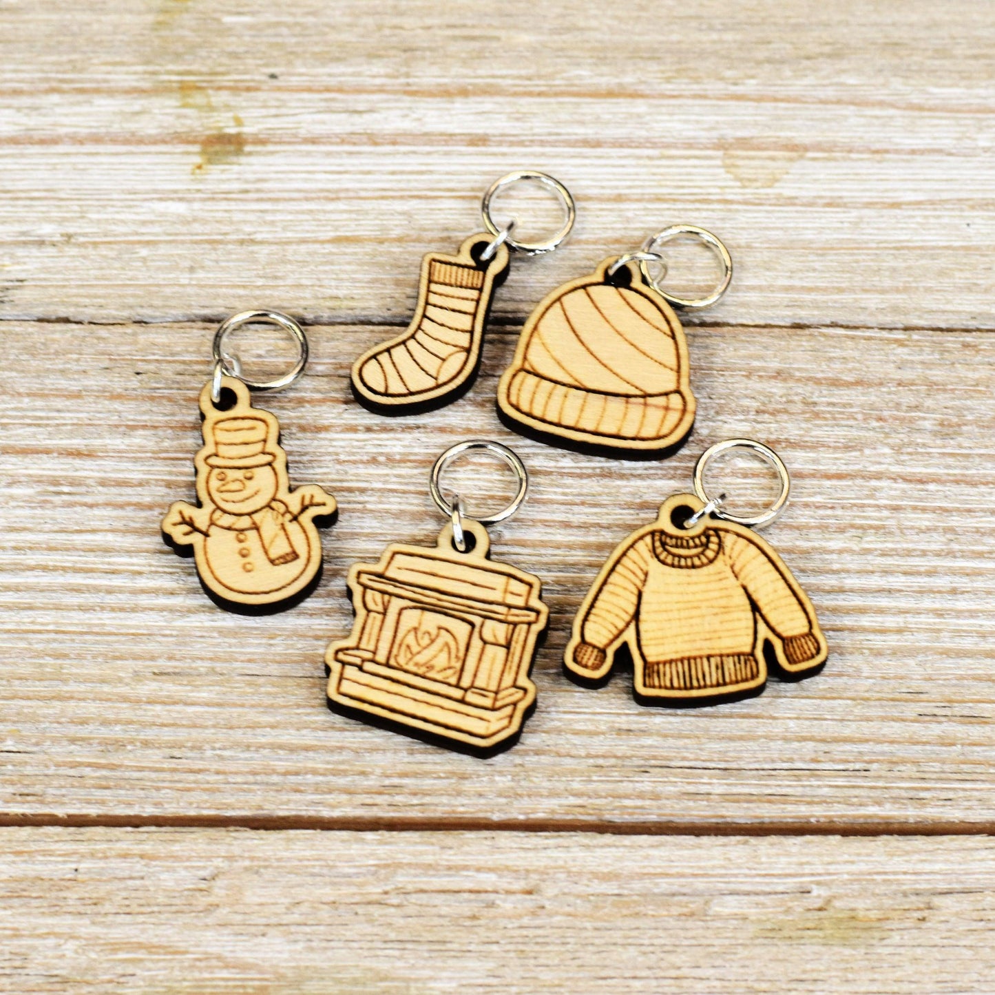 Set of 5 Laser Engraved Stitch Markers - Winter