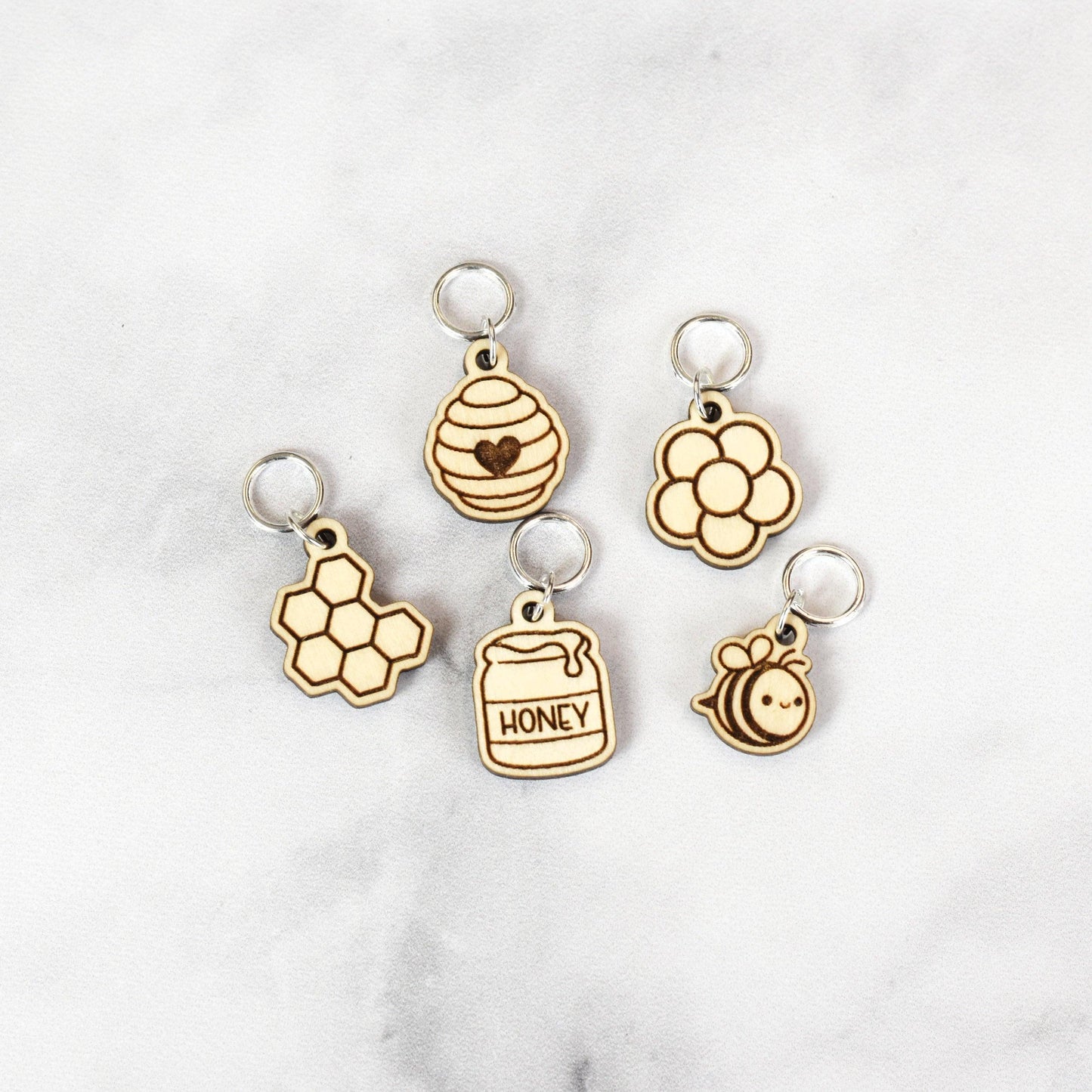 Set of 5 Laser Engraved Stitch Markers - Honey Bee