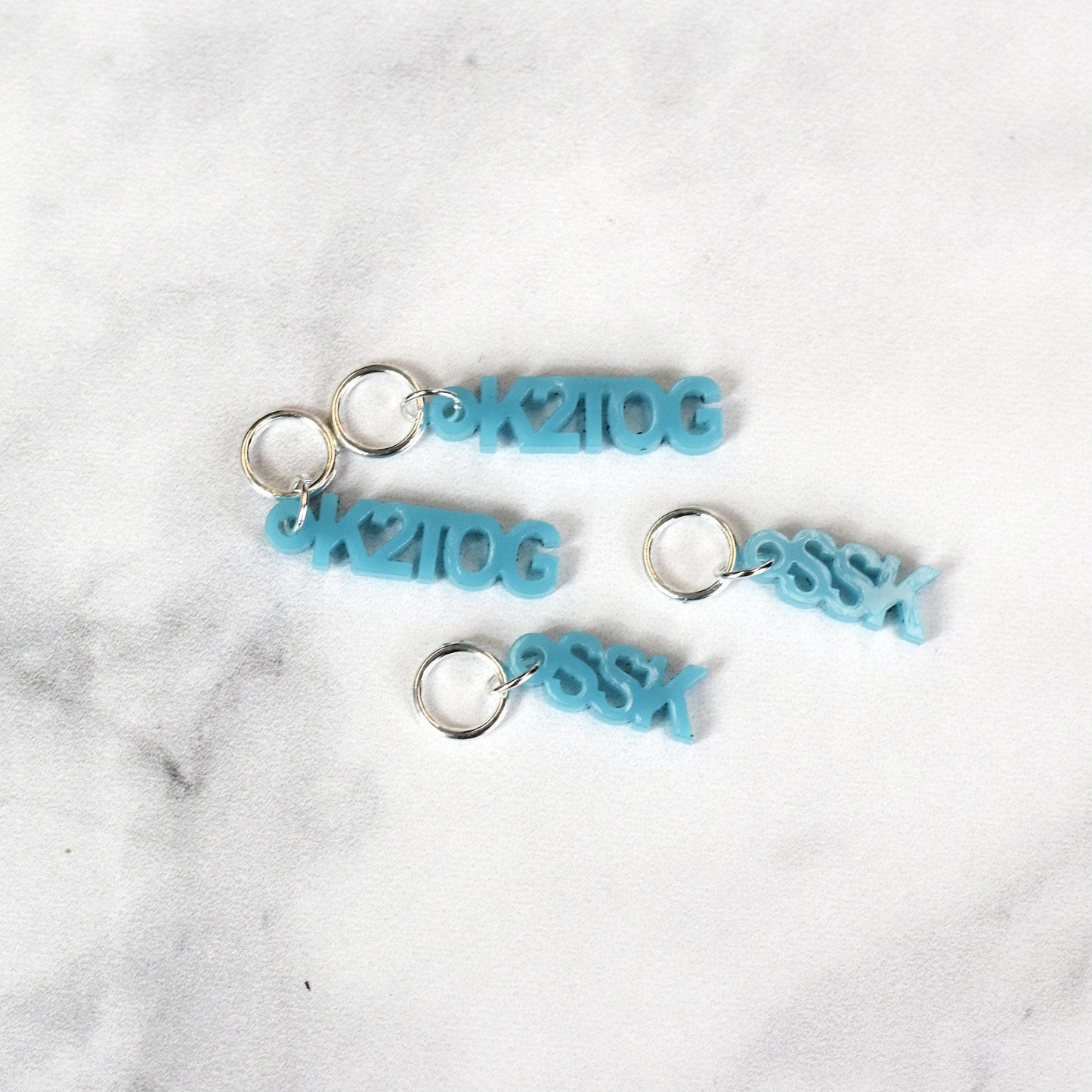 Set of 4 Laser Engraved Stitch Markers - SSK and K2TOG - Aqua