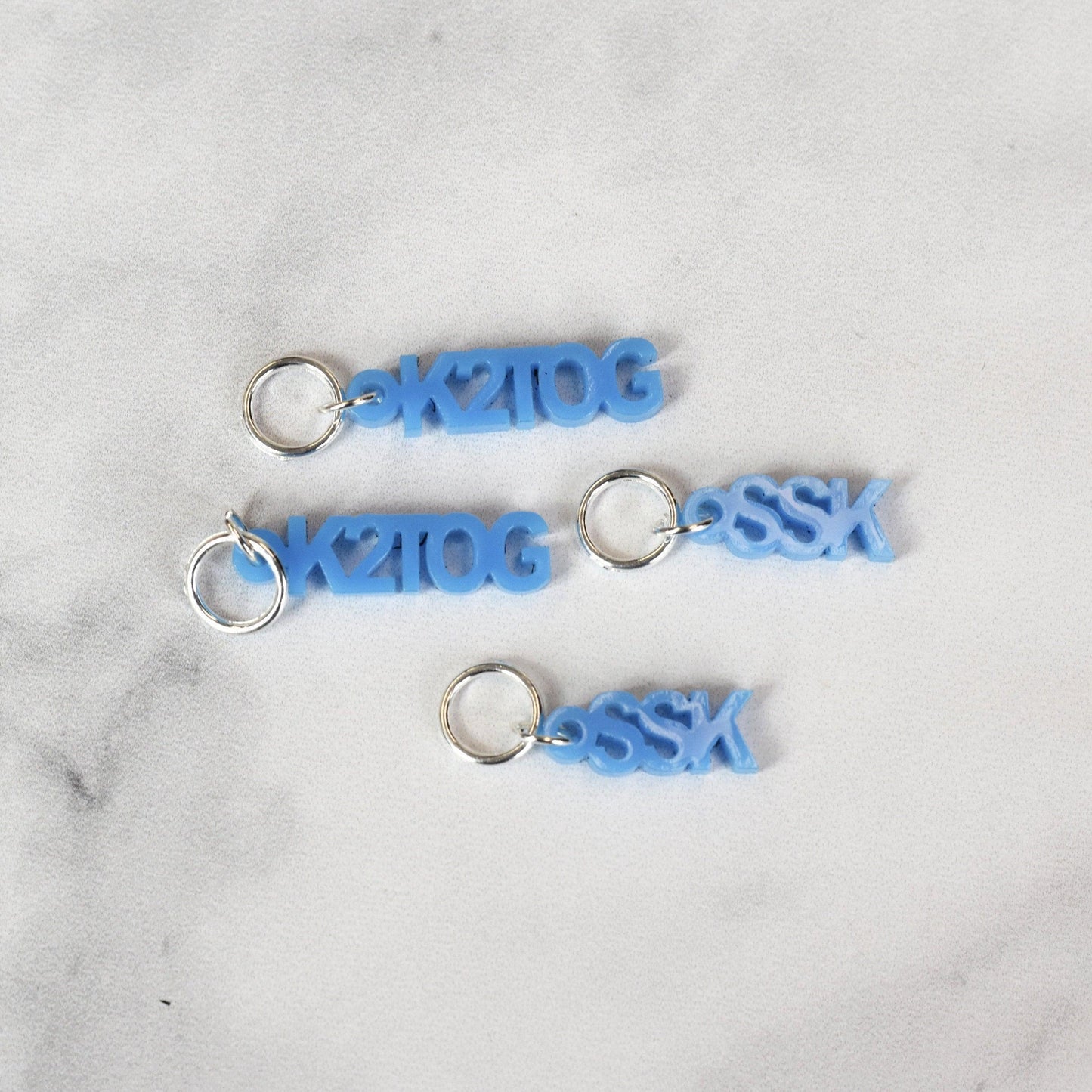 Set of 4 Laser Engraved Stitch Markers - SSK and K2TOG - Blue