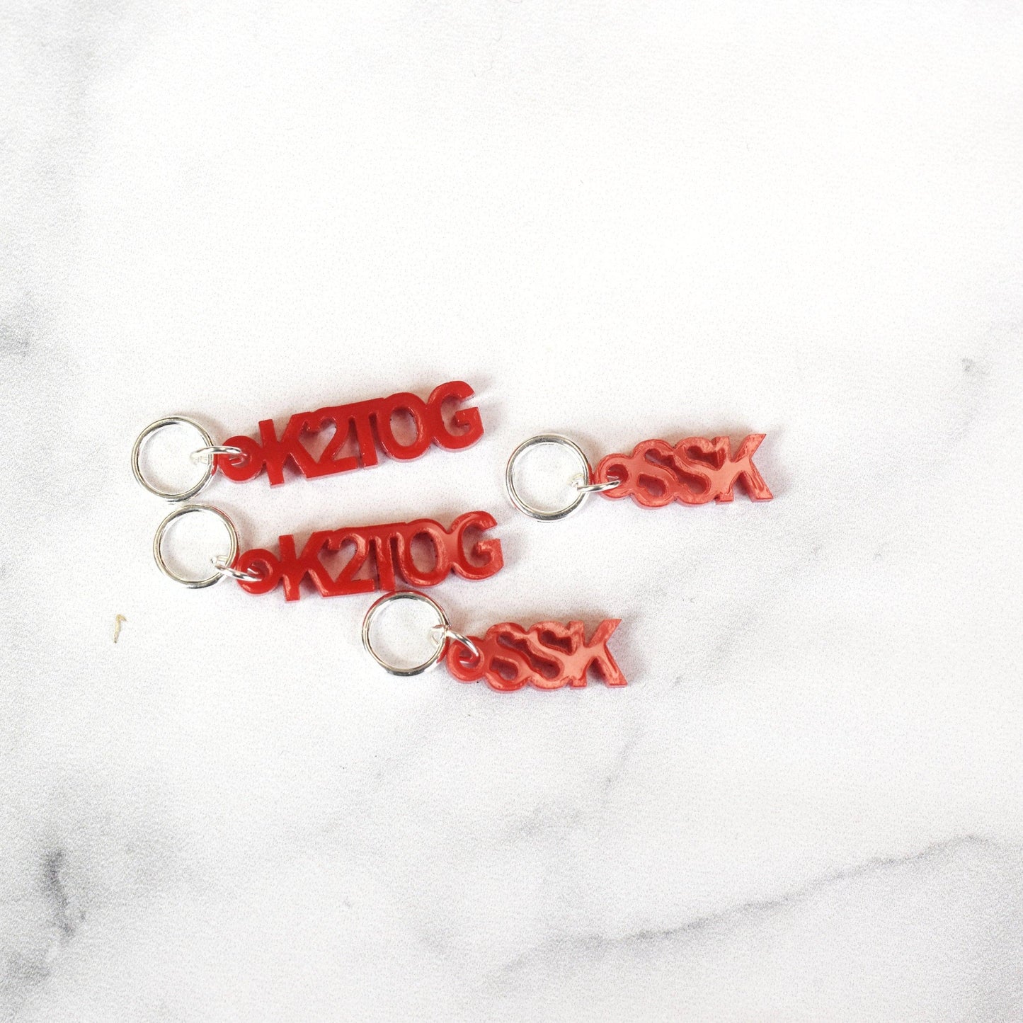 Set of 4 Laser Engraved Stitch Markers - SSK and K2TOG - Red