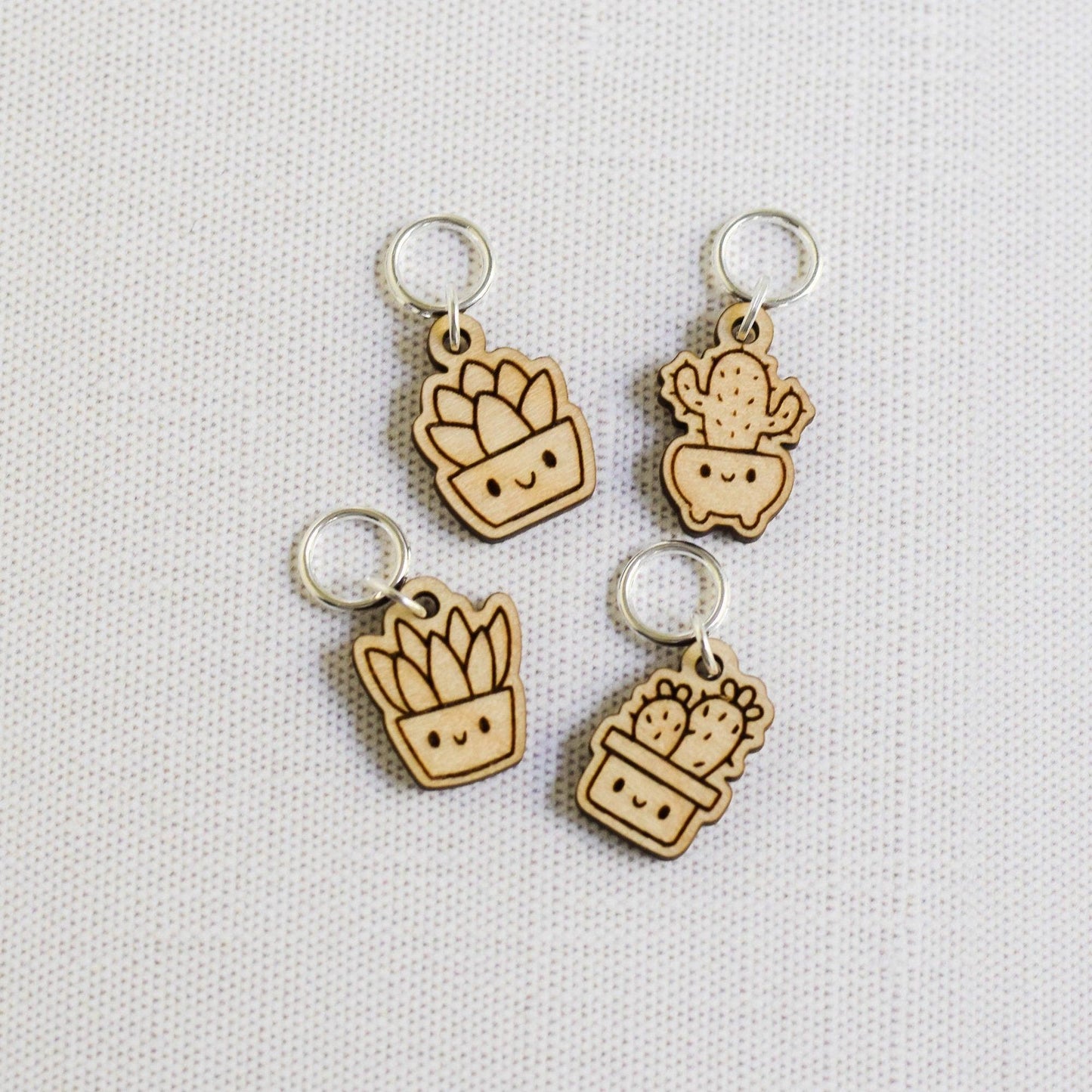 Set of 4 Laser Engraved Stitch Markers - Kawaii Cactus