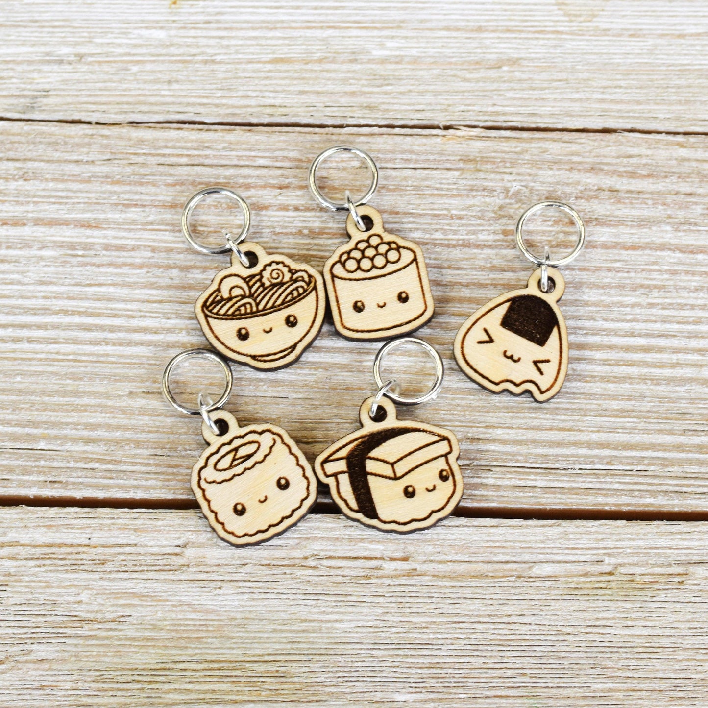 Set of 5 Laser Engraved Stitch Markers - Kawaii Ramen and Sushi