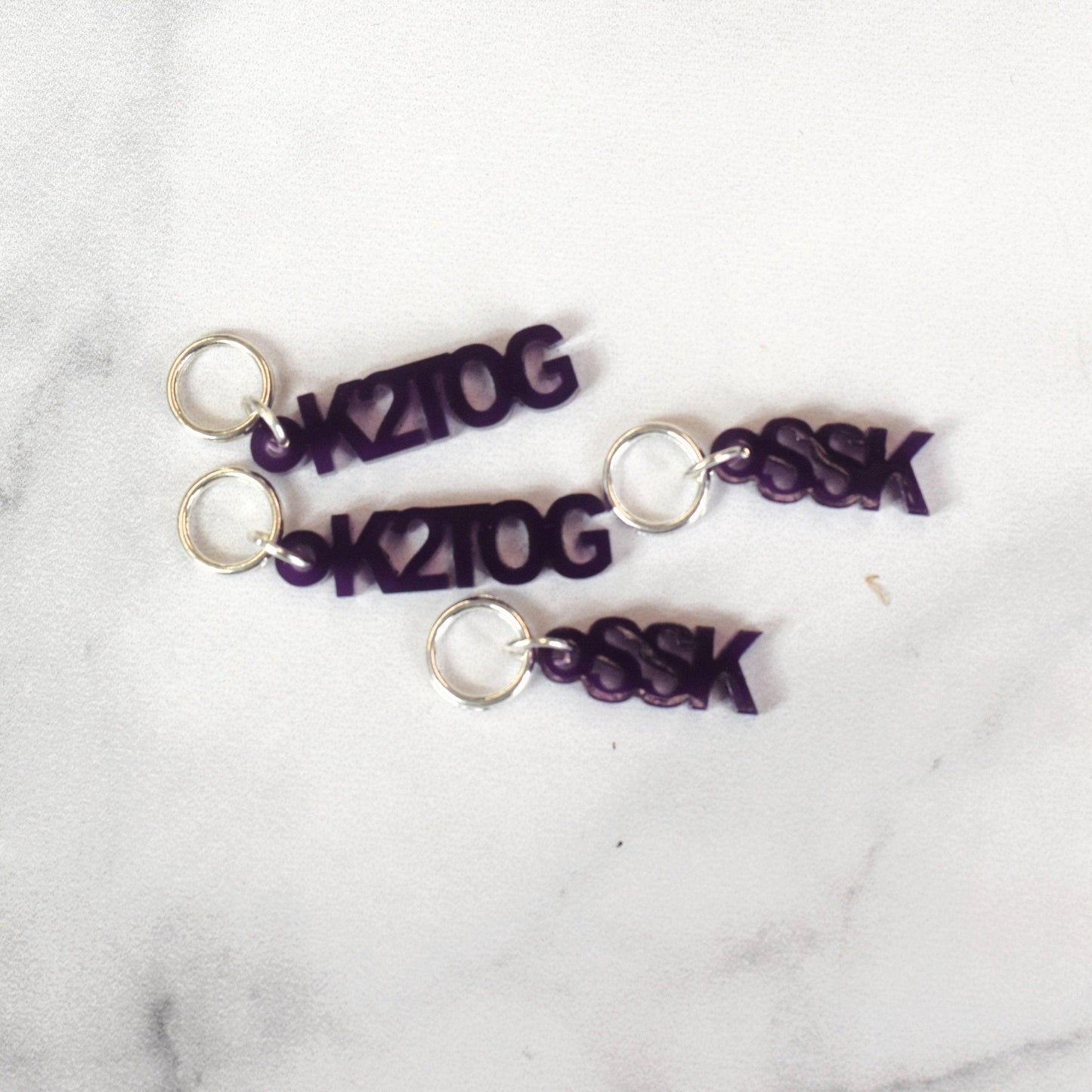 Set of 4 Laser Engraved Stitch Markers - SSK and K2TOG - Purple