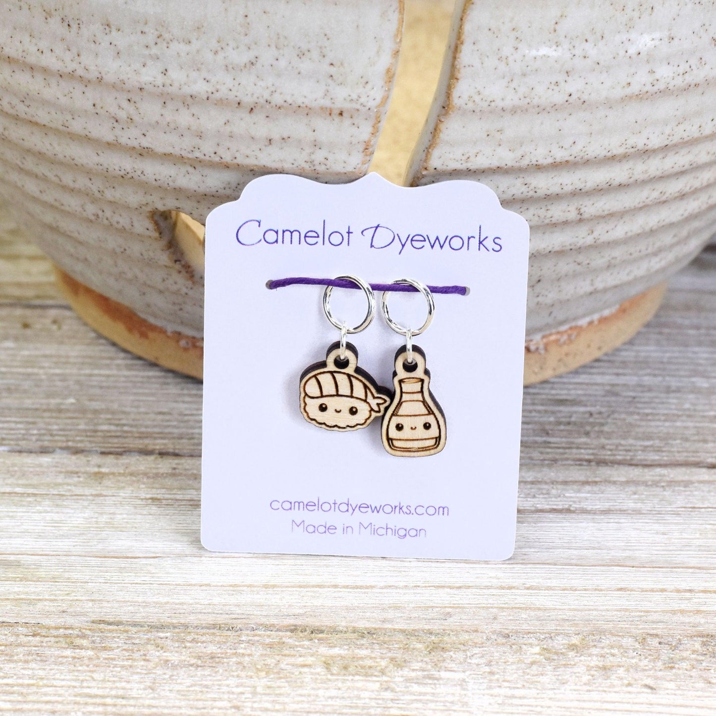 Set of 2 Laser Engraved Stitch Markers - Kawaii Soy Sauce and Sushi