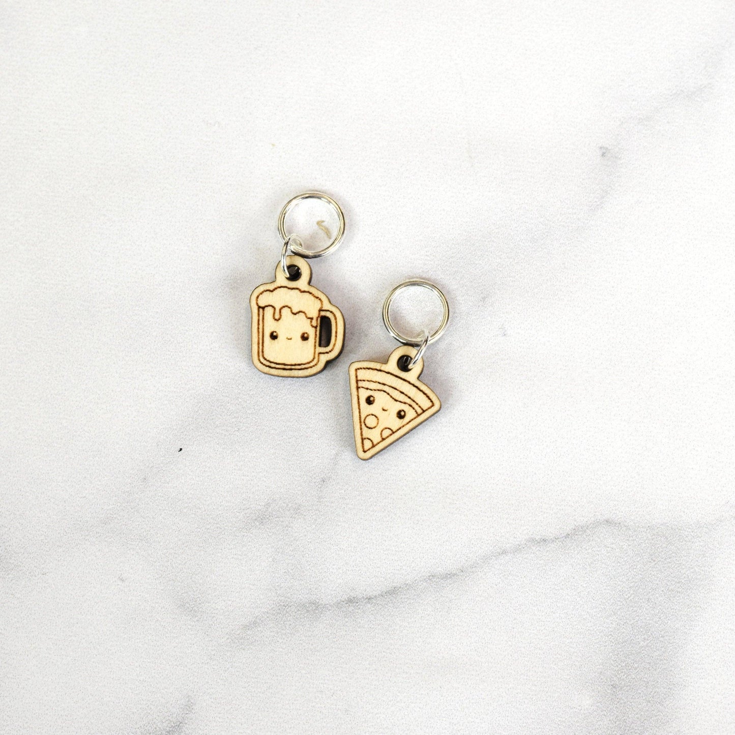 Set of 2 Laser Engraved Stitch Markers - Kawaii Pizza and Beer