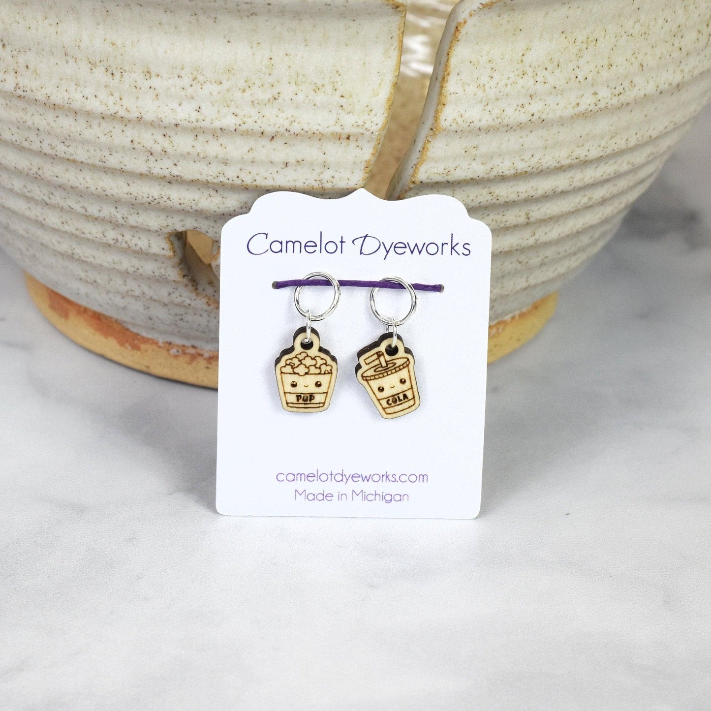 Set of 2 Laser Engraved Stitch Markers - Kawaii Popcorn and Soda