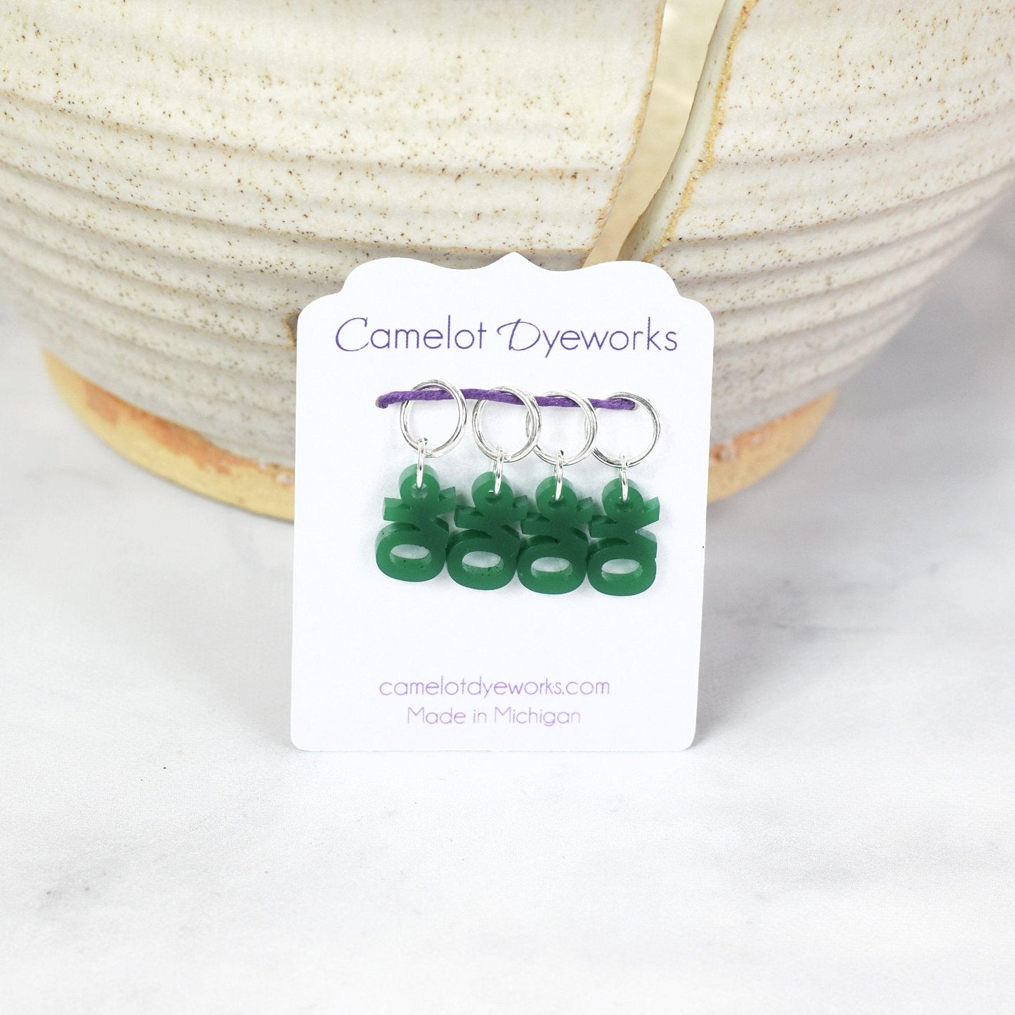 Set of 4 Laser Engraved Stitch Markers - YO - Green
