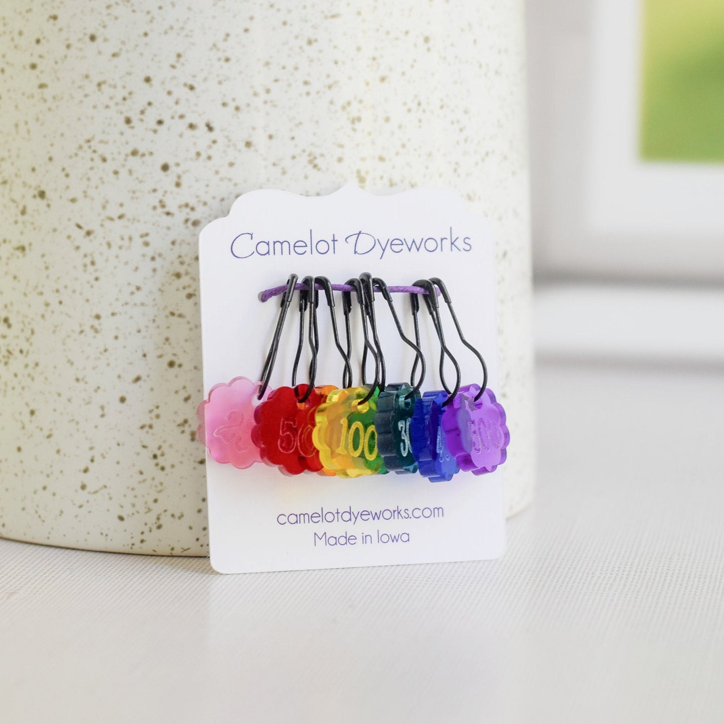 Set of 8 Removable Laser Engraved Acrylic Stitch Markers - Cast On Rainbow