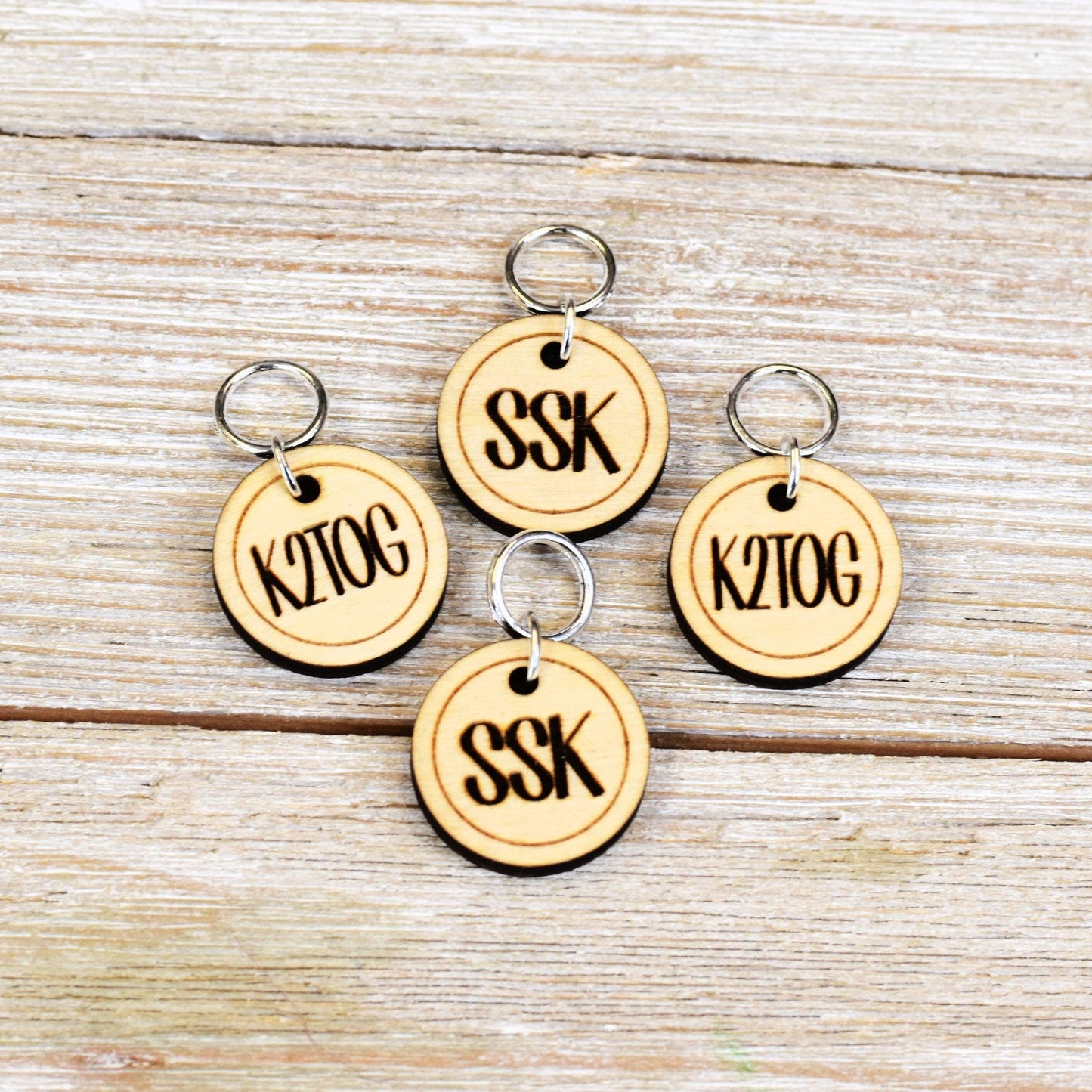 Set of 4 Laser Engraved Stitch Markers - SSK and K2TOG - Birch