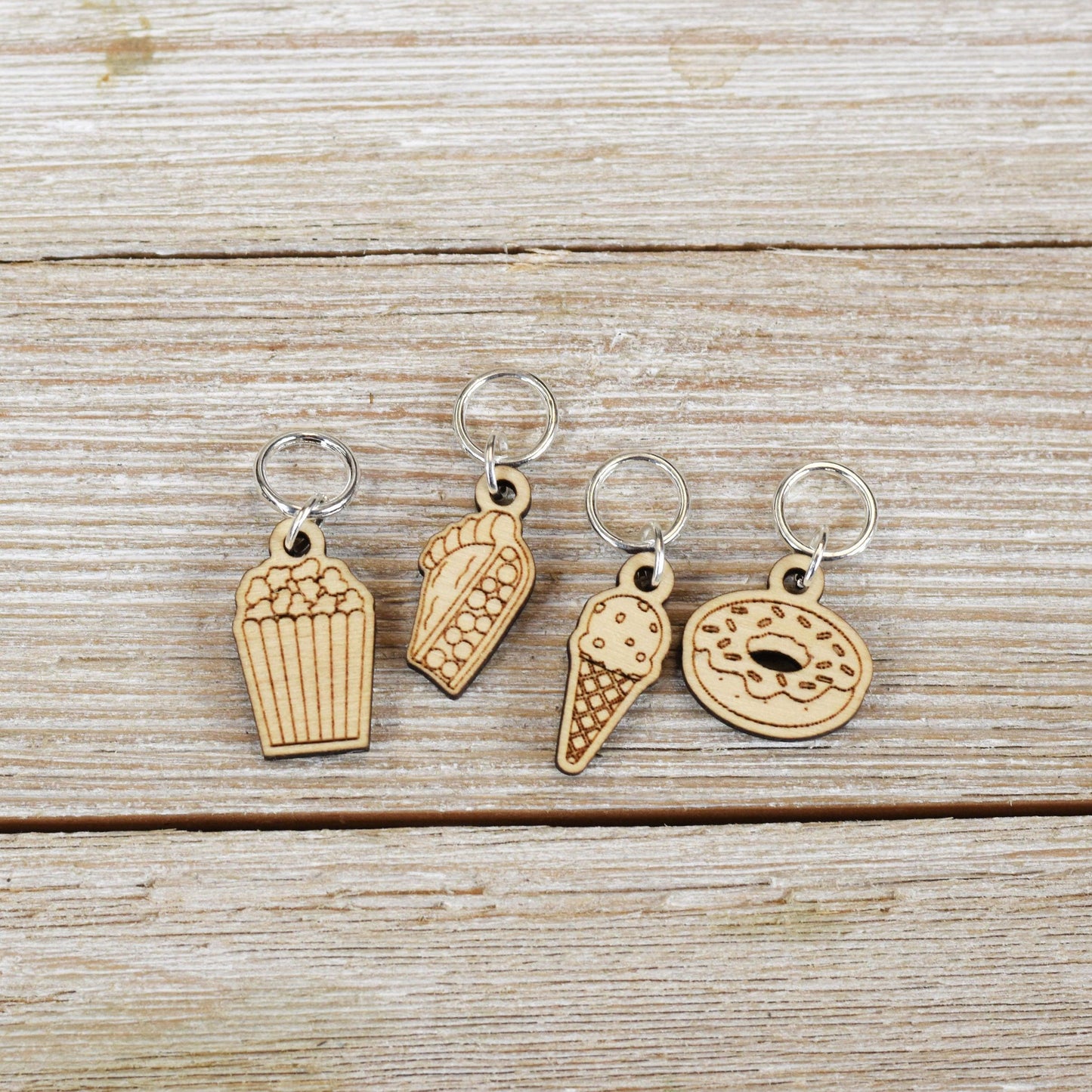 Set of 4 Laser Engraved Stitch Markers - Snacks