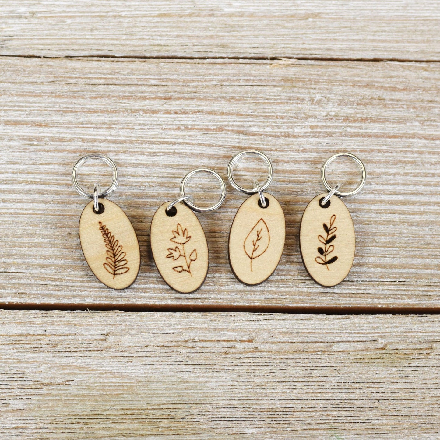 Set of 4 Laser Engraved Stitch Markers - Oval Leaves