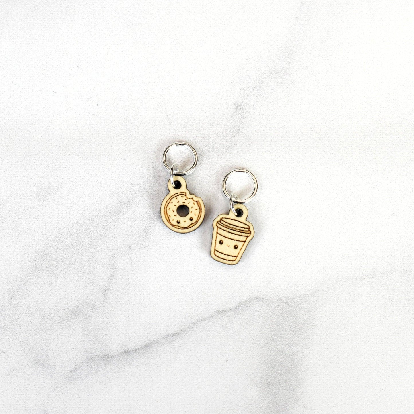 Set of 2 Laser Engraved Stitch Markers - Kawaii Donut and Coffee