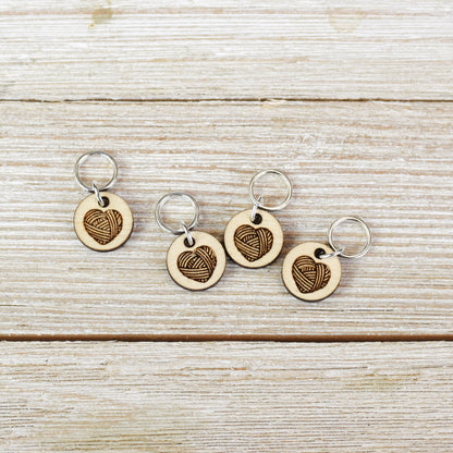 Set of 4 Stitch Markers, Yarn Hearts, Laser Engraved Wood Stitch Markers