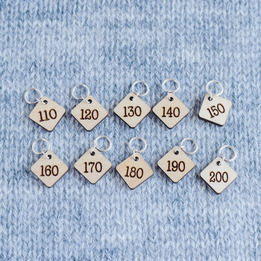 Set of 10 Stitch Markers - 110-200 - Cast On Counting Numbers, Laser Engraved Wood Stitch Markers, Counting Stitch Markers