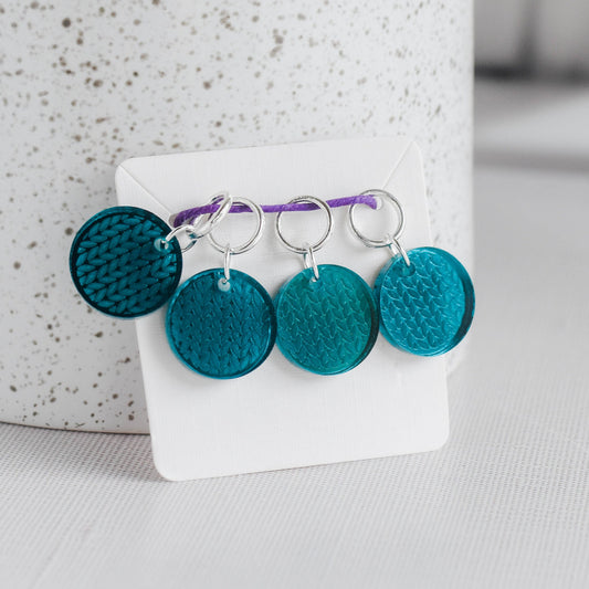 Set of 4 Mirror Acrylic Stitch Markers - Teal - Knit Stitch, Knit pattern, Laser Engraved Acrylic Stitch Markers