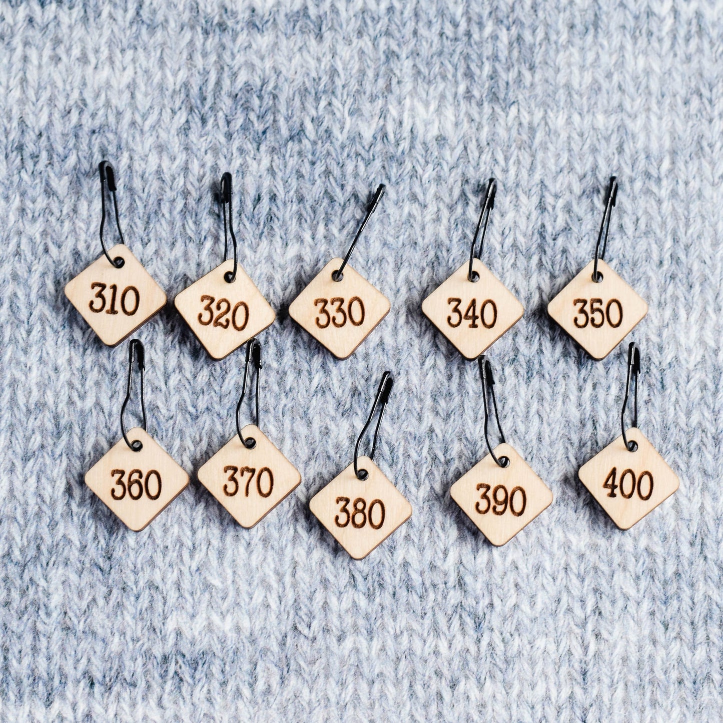 Set of 10 Removable Stitch Markers - 310-400 - Cast On Counting Numbers, Laser Engraved Wood Stitch Markers, Counting Stitch Markers - Birch