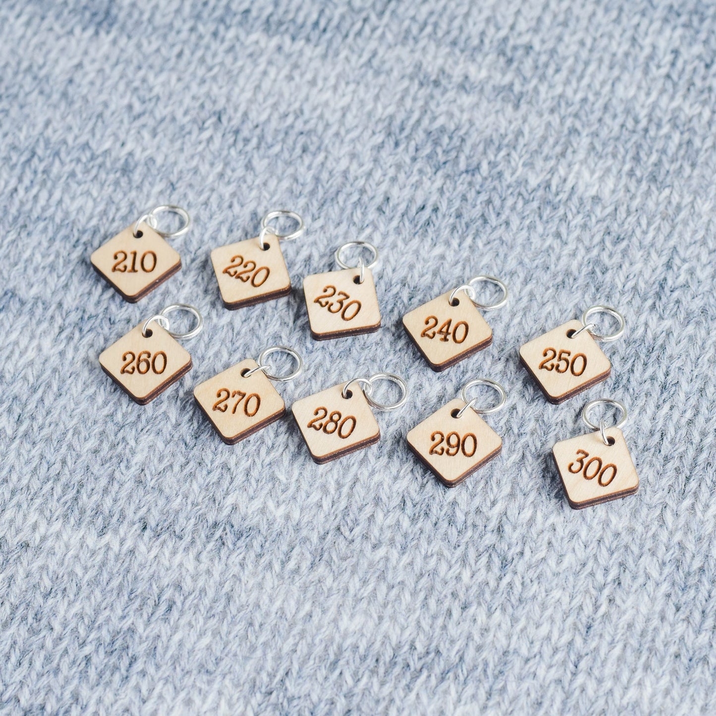 Set of 10 Stitch Markers - 210-300 - Cast On Counting Numbers, Laser Engraved Wood Stitch Markers, Counting Stitch Markers