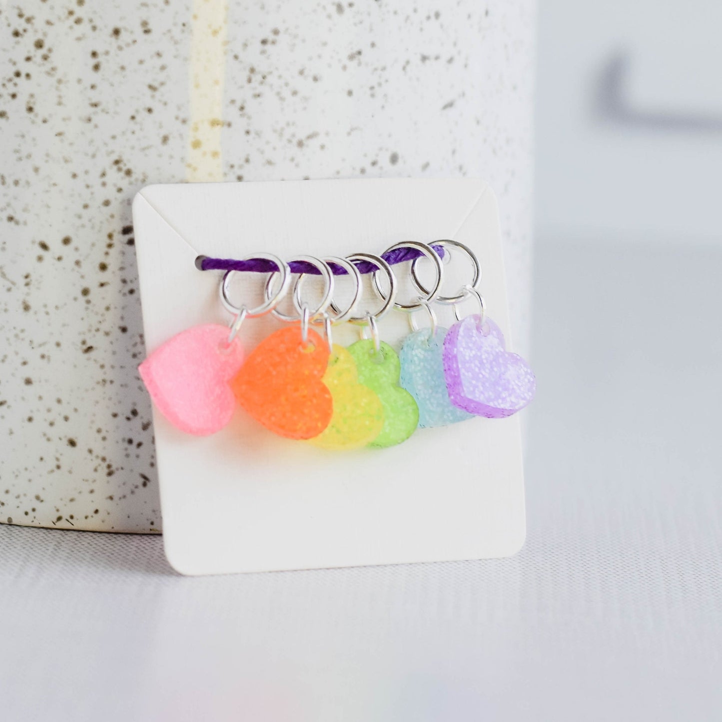 Set of 6 Acrylic Heart Stitch Markers - Neon Glitter