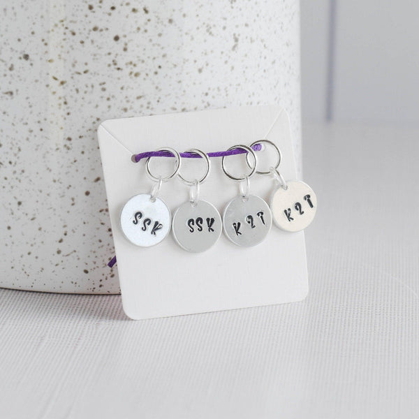 Set of 4 Hand Stamped Stitch Markers - SSK and K2TOG