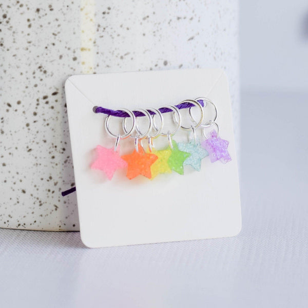 Set of 6 Acrylic Tiny Stars Stitch Markers - Neon Glitter Rainbow