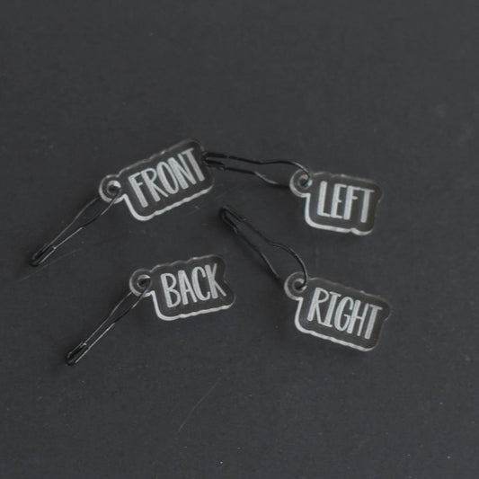 Set of 4 Laser Engraved Removable Stitch Markers - Front Back Left Right - Clear Outline