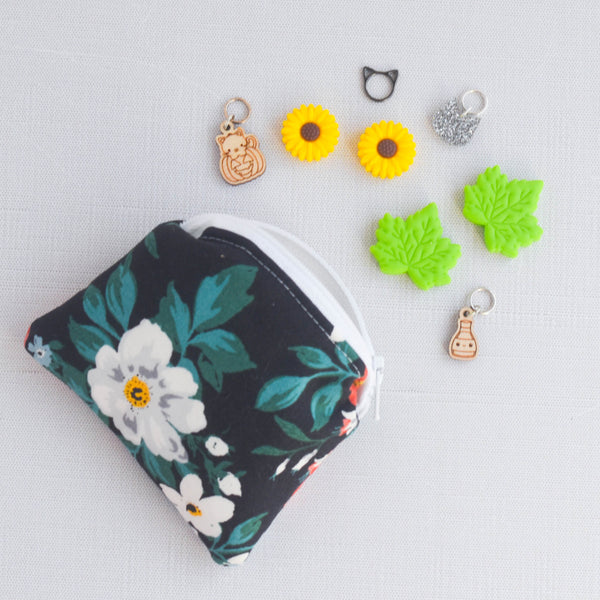 Small Zippered Notions Pouch - Black Floral
