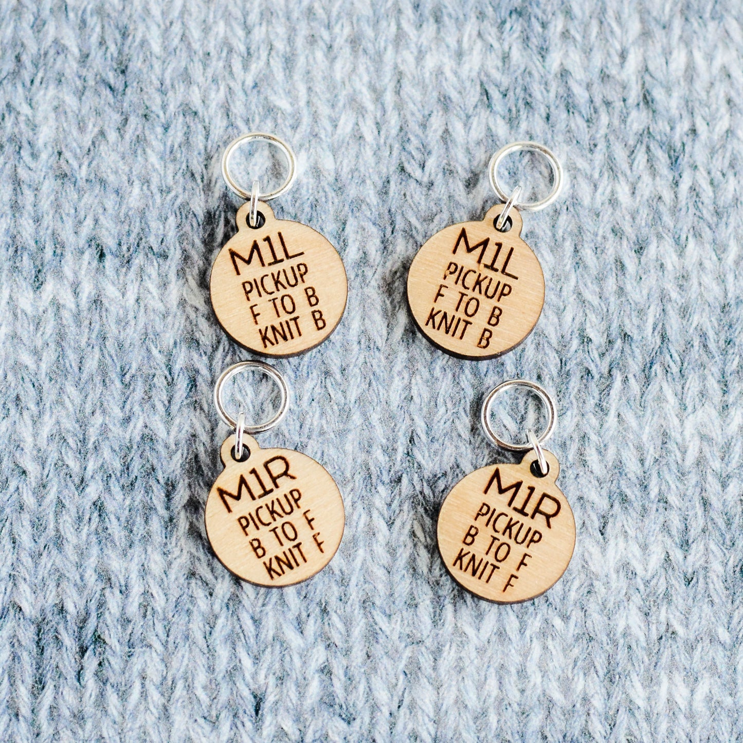 Set of 4 Laser Engraved Stitch Markers - M1L and M1R - Instruction