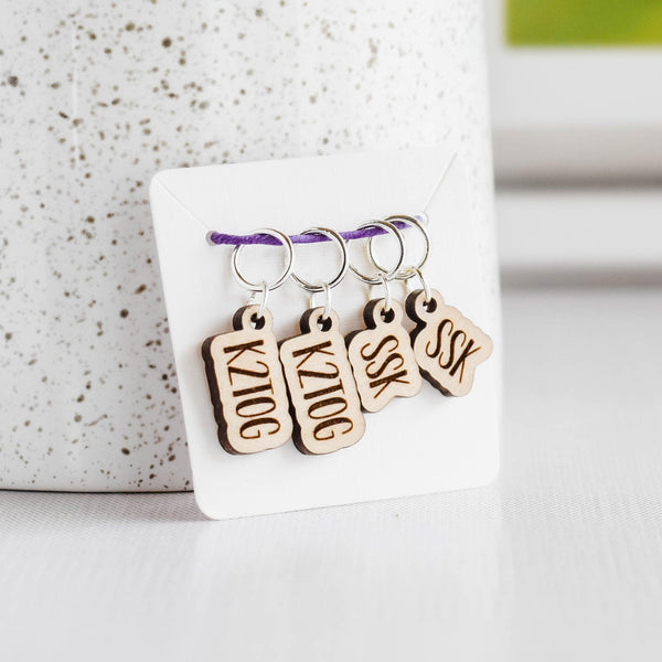 Set of 4 laser engraved Stitch Markers - SSK and K2TOG - Birch Outline