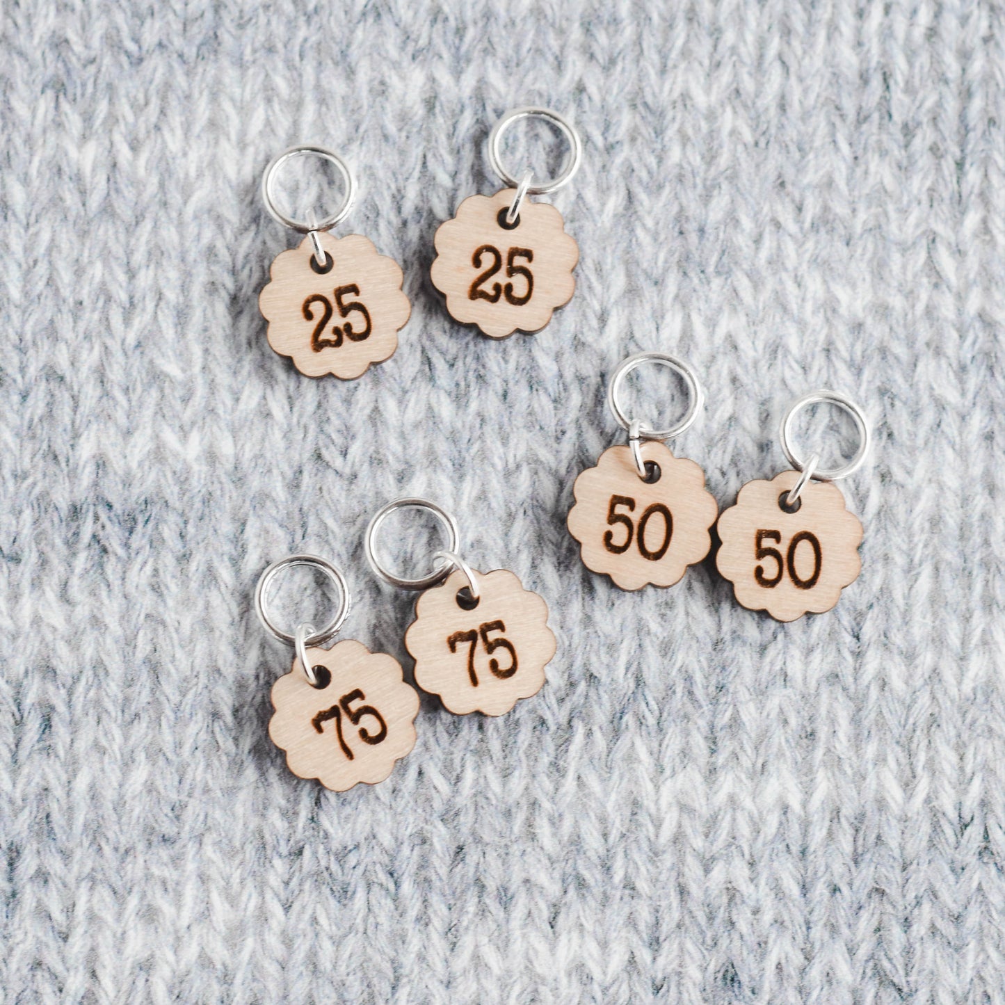 Set of 6 Laser Engraved Stitch Markers - Cast On Counting Number Extras - Birch