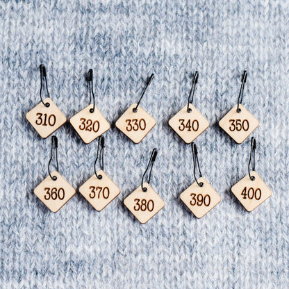 Set of 10 Laser Engraved Stitch Markers - 310-400 - Cast On Counting Numbers