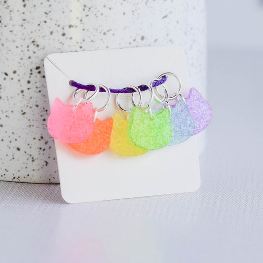 Set of 6 Laser Engraved Cat Head Stitch Markers - Neon Glitter