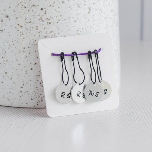 Set of 4 Hand Stamped Removable Stitch Markers - RS and WS Script