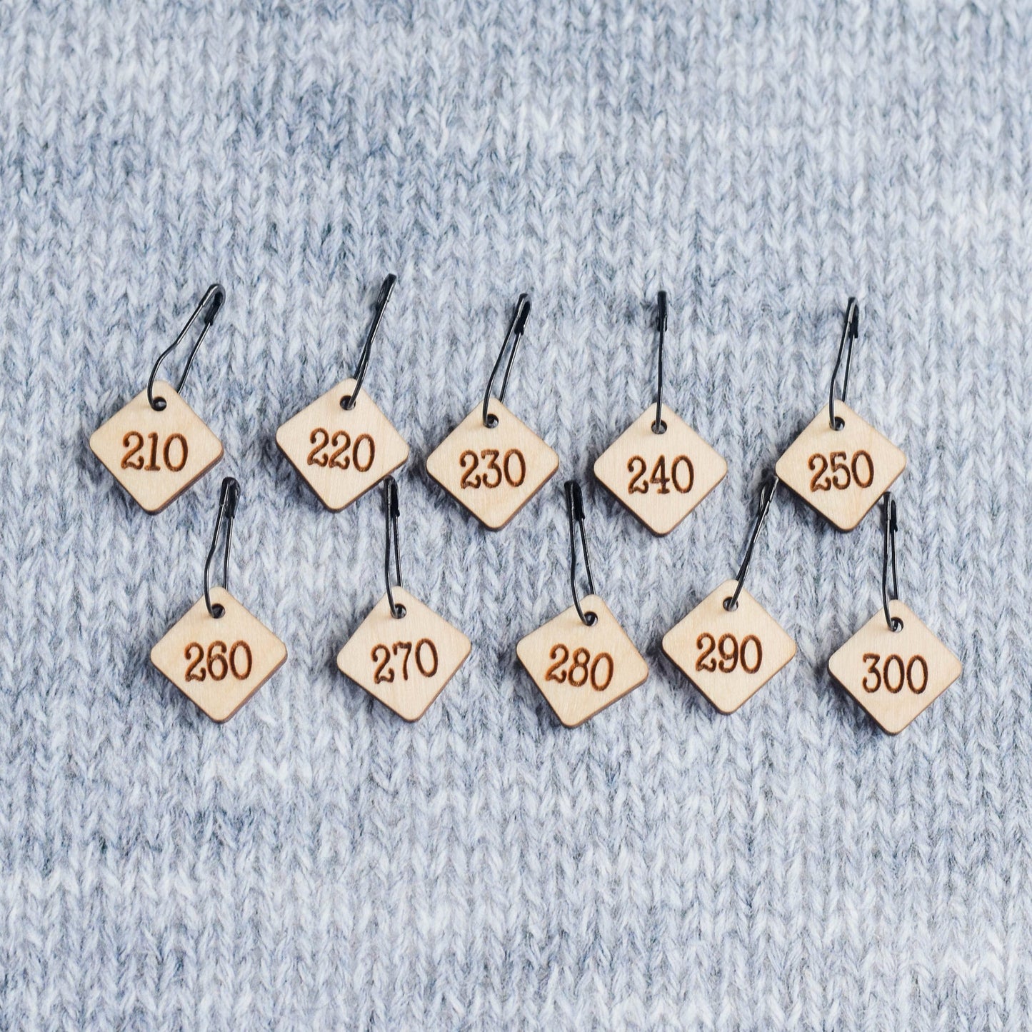 Set of 10 Laser Engraved Stitch Markers - 210-300 - Cast On Counting Numbers