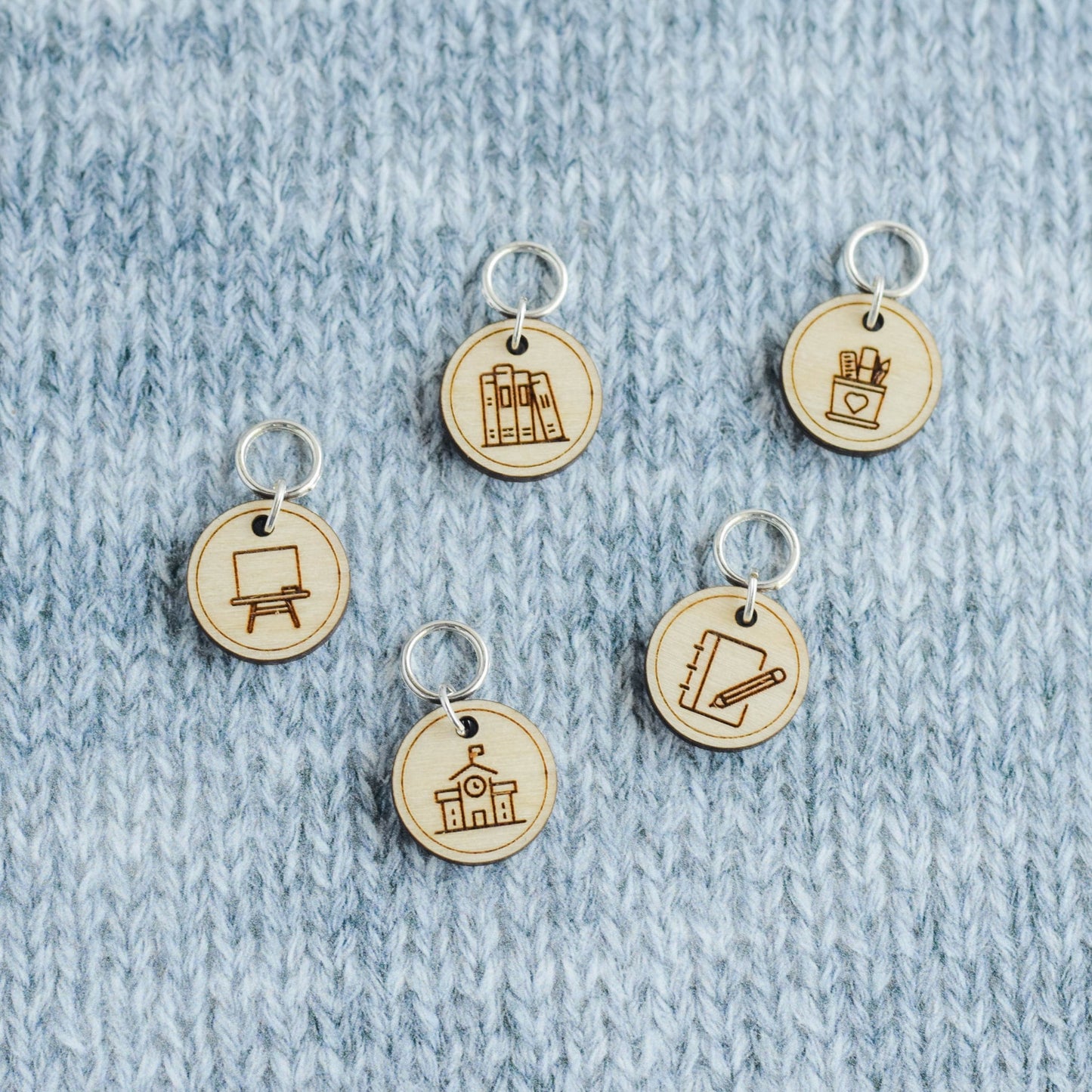 Set of 5 School Stitch Markers, Teacher Markers, Laser Engraved Wood Stitch Markers, Back to School Stitch Markers