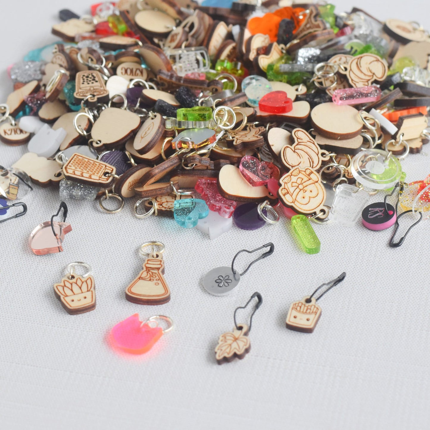 Stitch Marker Mystery Grab Bag - Set of 6 Assorted Stitch Markers, Acrylic Wood Stitch Markers, Small Stitch Markers, Mystery Package