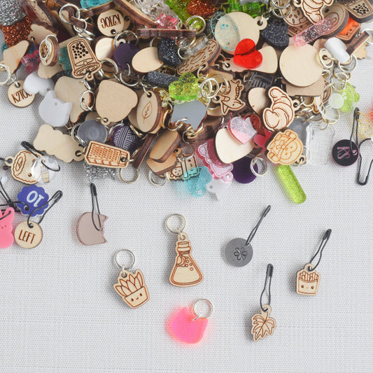 Stitch Marker Mystery Grab Bag - Set of 6 Assorted Stitch Markers, Acrylic Wood Stitch Markers, Small Stitch Markers, Mystery Package