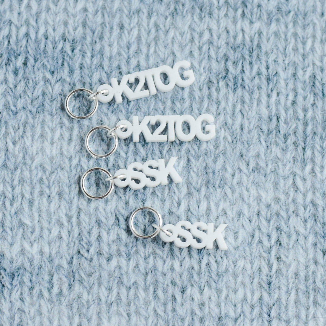 Set of 4 Stitch Markers, SSK and K2TOG, Laser Engraved Acrylic Stitch Markers, Decrease Stitch Markers - White