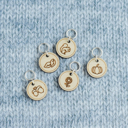 Set of 5 Autumn Stitch Markers, Fall Markers, Laser Engraved Wood Stitch Markers, Pumpkin Stitch Markers, Squirrel, Sunflower, Acorns