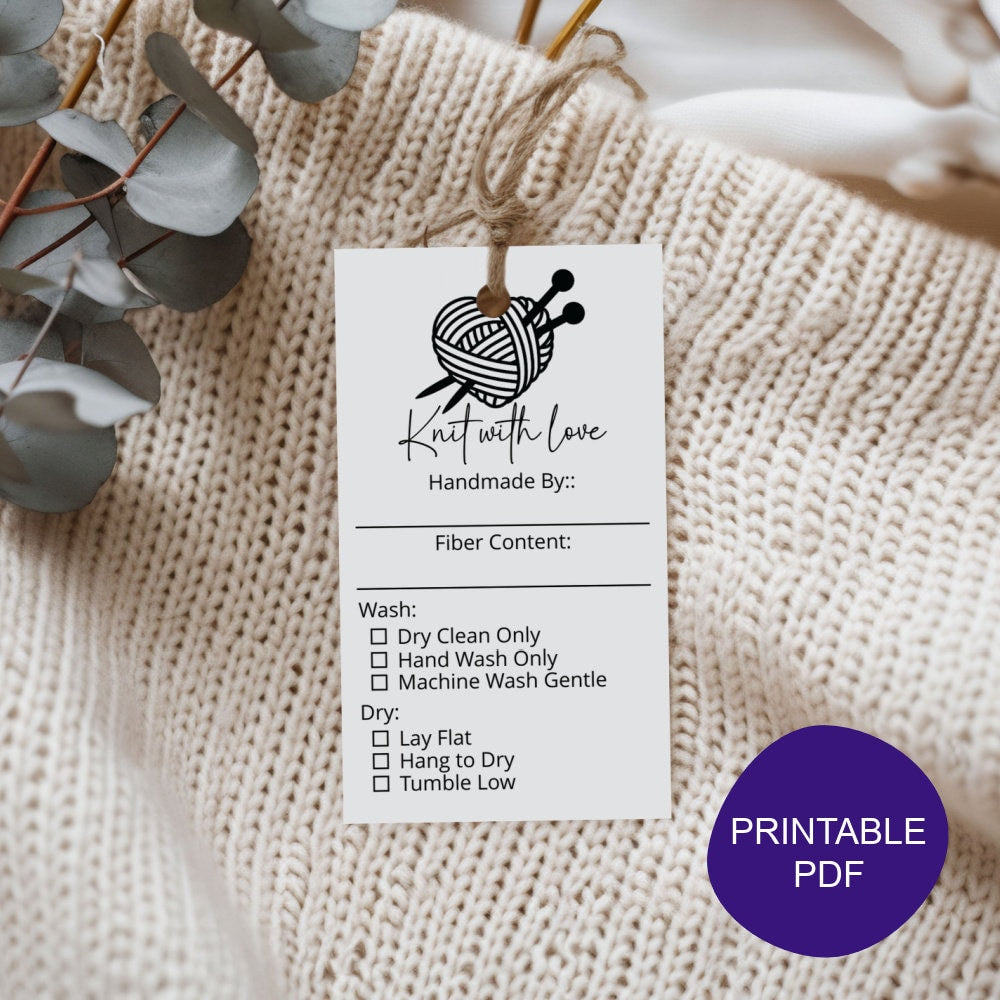 PRINTABLE Knit With Love - Handmade Care Tags, Labels PDF only, Knitting Care Tag, Wash Instruction Care Tag for Handmade Goods