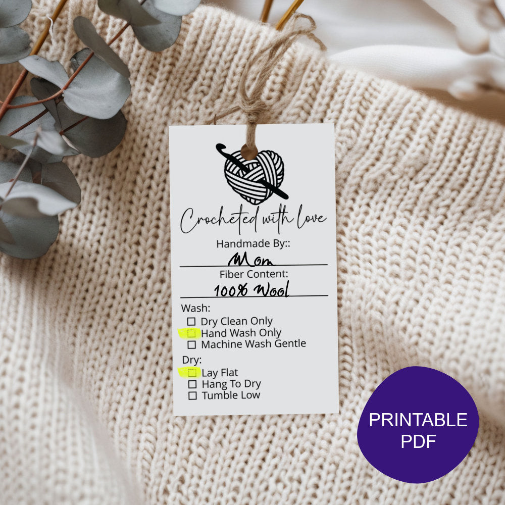 PRINTABLE Crocheted With Love - Handmade Care Tags, Labels PDF only, Crochet Care Tag, Wash Instruction Care Tag for Handmade Goods