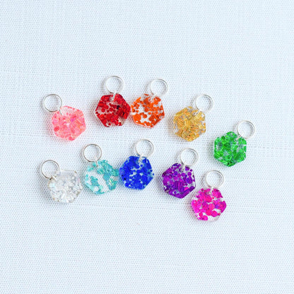 Set of 10 Hexagon Stitch Markers - Dazzle Rainbow - Knit Markers, Laser Engraved Acrylic Stitch Markers, Glitter Acrylic Stitch Markers