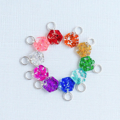 Set of 10 Hexagon Stitch Markers - Dazzle Rainbow - Knit Markers, Laser Engraved Acrylic Stitch Markers, Glitter Acrylic Stitch Markers