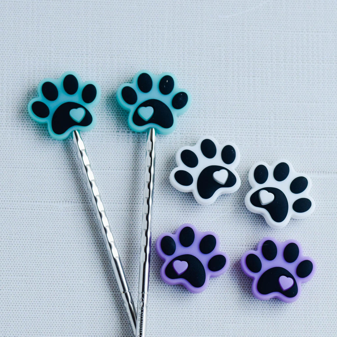 Dog Paw Silicone Stitch Stoppers - Set of 2 - Knitting Needle Point Protectors, Stitch Holders, Needle Stoppers