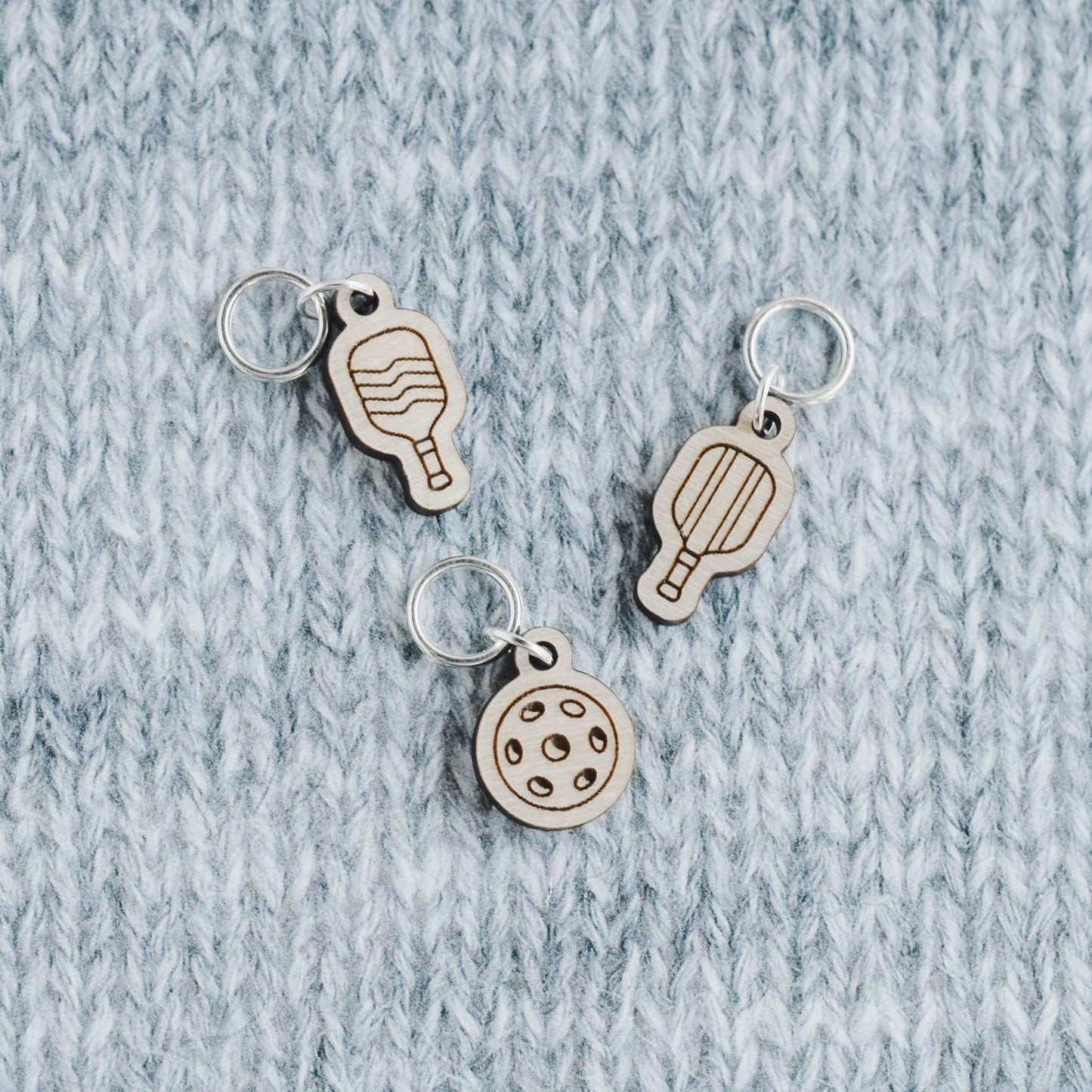 Set of 3 Stitch Markers - Pickleball - Pickleball Laser Engraved Wood Stitch Markers, Sports Stitch Markers, Pickle Ball